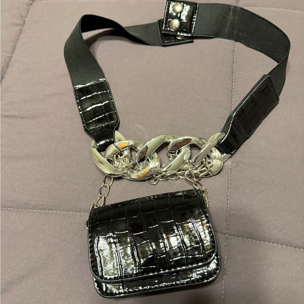 Black Croc-Embossed belt Bag with Silver Chain